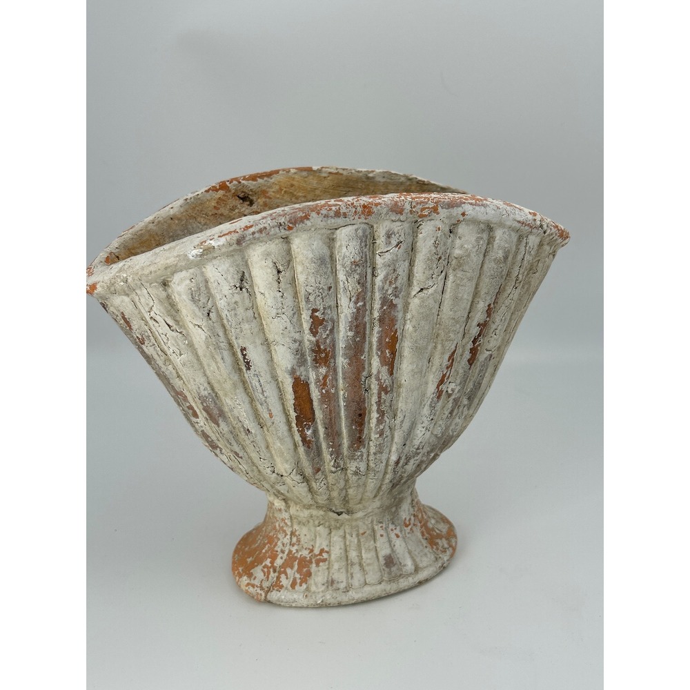 Vintage Terracotta Fluted Pedestal Planter Chippy White Distressed Fan Vase